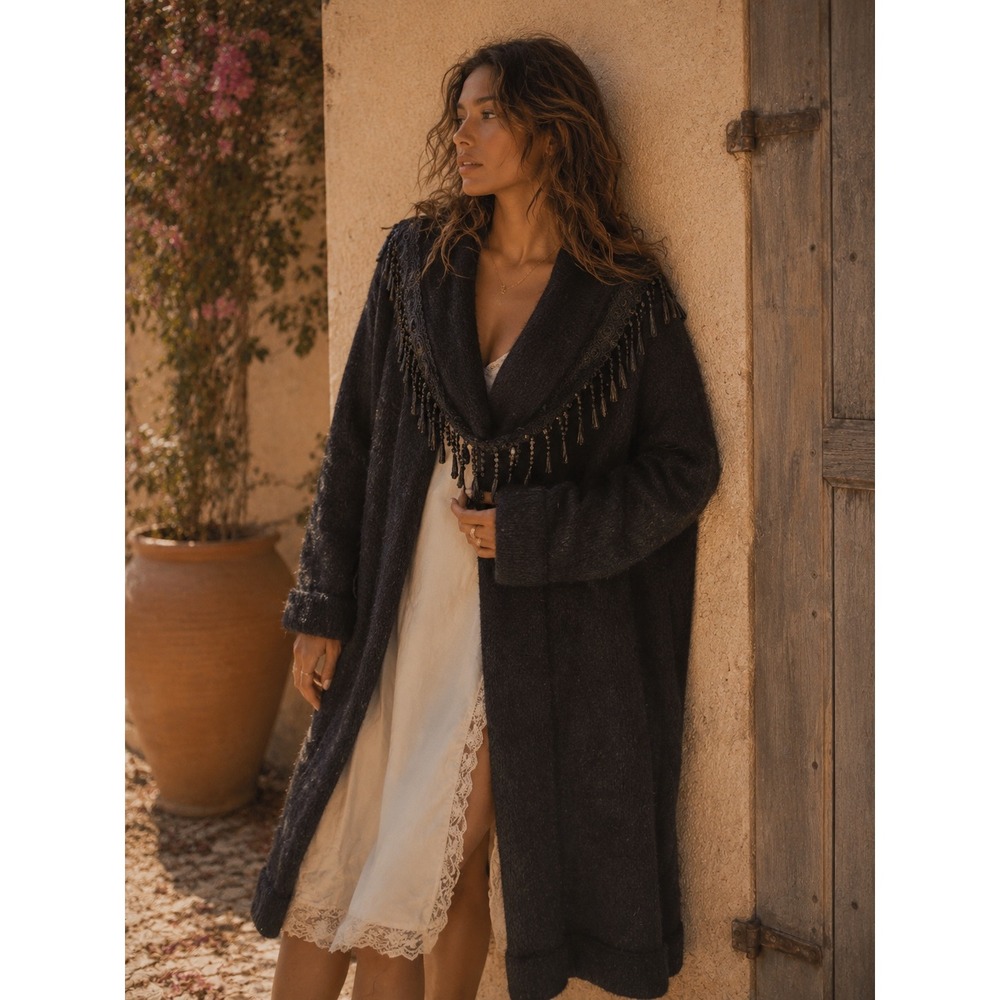 Venesha Black Angora Blend Fringe Shawl Collar Long Cardigan Coat Womens Large